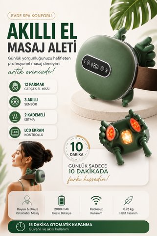 Kılıforyum 12 Parmaklı Akıllı Boyun ve Omuz Masaj Aleti – LCD Ekranlı, Isıtmalı, 3 Sensörlü, Kablosuz Şarjlı 2000 mAh