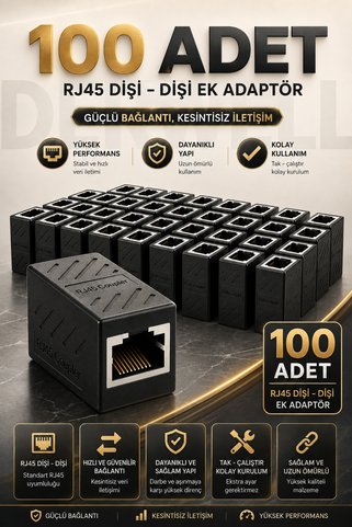 Derwell 100 Adet RJ45 Dişi - Dişi Ek Adaptör İnternet Ethernet Lan Kablosu Uzatma Aparatı Konnektörü Çoğaltıcı Dönüştürücü Soket Güçlü Bağlantı Kesintisiz Veri İletimi Çoklu Paket Seti
