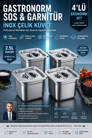 Transformacion 4 ADET İnox Çelik Gastronorm Sos ve Garnitür Küveti 16x16x12 cm Şeffaf Kapaklı Paslanmaz Çelik Mutfak Düzenleyici 2.5 L Endüstriyel Prep Hazırlık Saklama Kabı 723549