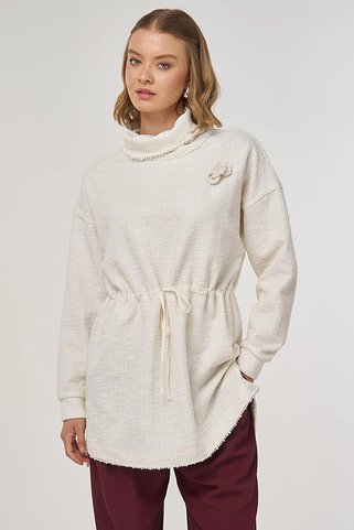 Kayra Bel Büzgülü Dokulu Sweatshirt Krem