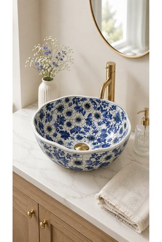 EvaniLife Papatya Model Blue Meadow Serisi El Yapımı Seramik Lavabo Özel Tasarım Tezgah Üstü Lavabo 45 Cm