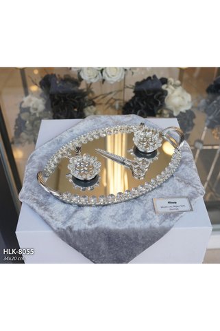 Hinora Home Gümüş Aynalı Söz Nişan Yüzük Tepsisi Seti – 2’li Yüzüklük ve Makaslı Kristal Taşlı Söz Nişan Tepsisi 34x20 cm