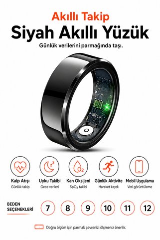 YAHYA KOSIF Smart Ring Premium Akıllı Yüzük, Kalp Atışı, Uyku, SpO₂ ve Günlük Aktivite Takibi, Mobil Uygulama Destekli, Manyetik Şarj, 7–12 Beden Seçenekli, Gold, Siyah ve Gümüş Renk