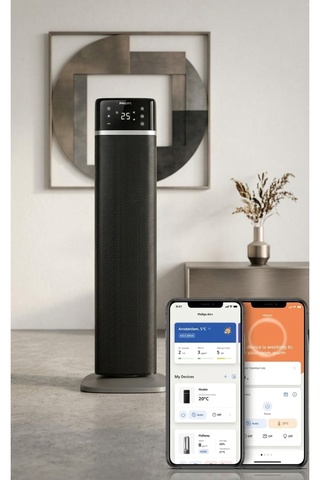 Philips ELVT Yeni 5000 Serisi Enerji Verimli Bağlantılı Kule Fan Isıtıcı, 2000W, 2 Saniyede Hızlı Isıtma, sıcaklık ekranı, 5 güvenlik özelliği, 4 mod, 60° salınım, sessiz, siyah & koyu gri