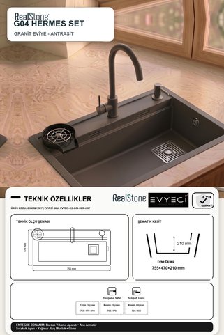RealStone G04 Set Antrasit Akıllı Granit Eviye 75,5 x 47 cm