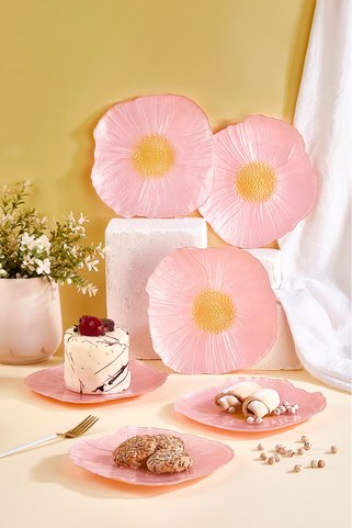 Lora Bianca Alba 21 cm Pembe Çiçek Desen Pasta Servis Sunum Tabağı Seti