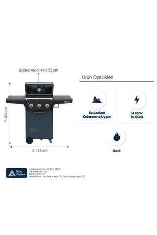 Aygaz X350 Klasik Barbekü ve Mangal - Gri Mavi - LED Işıklı Düğmeli, Bahçe Tipi, Büyük Izgaralı
