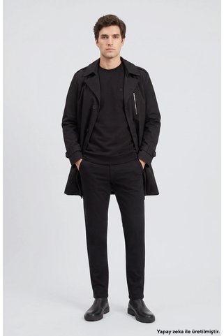 Network Slim Fit Siyah Mono Kapamalı Kuşaklı Pardösü