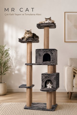 sawinno home&sleep Sawinno Mr.Cat Çok Katlı Çift Yuvalı Kedi Tırmalama ve Oyun Ağacı, 170cm