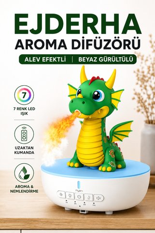 Ryan Technology Ejderha Hava Nemlendirici Buhar Makinesi ve Aroma Difüzörü Alev Efektli Beyaz Gürültülü Uzaktan Kumandalı 7 Renk LED