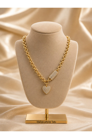 XUPING JEWELRY Melekcehobi Takı 14K Altın Kaplama Xuping Zirkon Taşlı Kalp Kilitli Doç Zincir Kolye