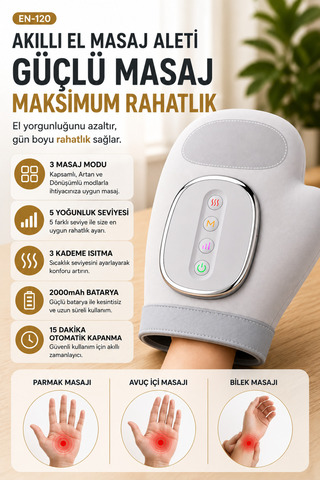 Merwish Akıllı El Masaj Aleti 3 Modlu 5 Kademeli Isıtmalı 2000 mAh Şarjlı El Avuç İçi Bilek Masaj Cihazı