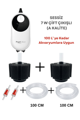 Poyel Decor Akvaryum Filtresi 2 Adet Py-280 - 1 adet Sessiz Hava Motoru - 2 adet Hava Hortumu - 2 adet Çekvalf - Hava Seti (100 Lt’ye Kadar)