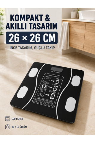 AyPenye 180 Kg Akıllı Cam Tartı Bluetooth Vücut Yağ Kas Su ve BMI Ölçüm Destekli Baskül