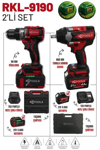 RETOOLS RKL-9190 BORDO 2'Lİ SET ( 90 NM VİDALAMA + 800 NM SOMUN SIKMA)