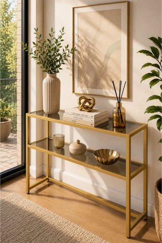 HADİD METAL DİZAYN Mat Gold Metal Dresuar 90x30x90 cm 2 Katlı Füme Camlı Modern Dekoratif Konsol