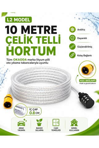 okaoda 10 metre çelik tel antifriz ve dayanıklı hortum (tüm marka lityum pilli oto yıkama tabancalarıyla uyumlu)