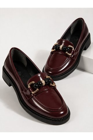 derim shoes Kadın Bordo Rugan Loafer Ayakkabı – Zincir Detaylı Tokalı Klasik Günlük Şık Babet
