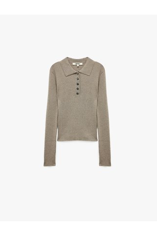 Koton Uzun Kollu Yarım Düğmeli Simli Fit Polo Yaka Triko Kazak