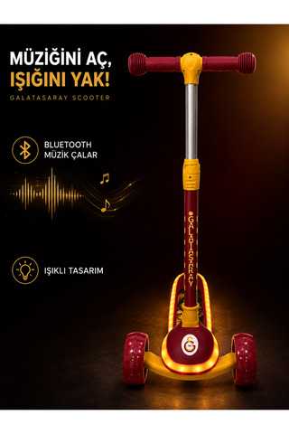 Galatasaray Resmi Lisanslı Bluetooth Hoparlörlü, Pilli LED Işıklı, Katlanabilir ve Ayarlanabilir 3 Tekerlekli Çocuk Scooter
