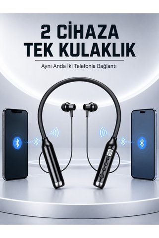 FMA Boyun Bantlı Bluetooth Kulaklık Dijital Ekranlı Mikrofonlu Çift Telefon Bağlantılı Kablosuz Müzik ve