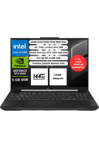 ASUS TUF Gaming F16 FX607VJ Gaming Intel Core 5-210H 16GB 512GB SSD RTX3050 6GB 16 inç WUXGA 1