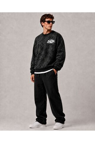 PENTHİLUS Erkek Antrasit Yıkamalı Desenli Oversize Bisiklet Yaka Baskılı Sweatshirt