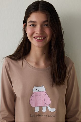 Penti Bej ENT Bisiklet Yaka Slogan Baskılı Pamuklu Sweatshirt Pijama Takımı