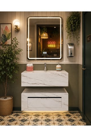 Akay Dizayn Porselen Banyo Lavabosu - Beyazgri K02 - 80cm