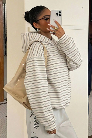 İlayda Toprak Hood Krem Çizgili Desen Kapüşonlu Oversize Hoodie Günlük Uzun Kollu Sweatshirt