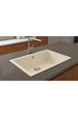 GÜNEY ANKASTRE RealStone K013 GORDION 77 77×47,5 cm Krem Granit Evye + Tekli Sifon ve Montaj Takımı Seti