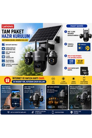 LENOVO 360° 15MP - Güneş Panelli Kamera - AOV Sürekli Kayıt, 7/24 Güvenlik Seti