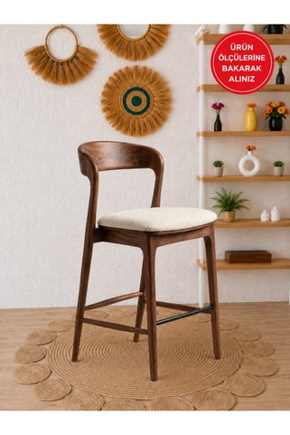 silla Yılan Bar Sandalyesi Teddy Krem Kumaş Ceviz Ahşap Ada Sandalye