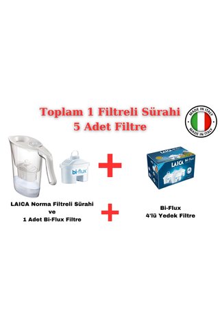 LAICA Norma ( Beyaz ) Akıllı Filtreli Su Arıtmalı Filtre Sürahi 2.30LT + Bi-Flux 4'lü Yedek Filtre