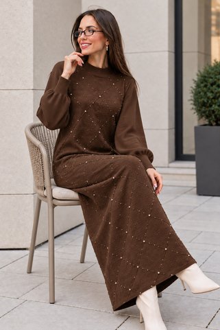 benguen Taş İşlemeli Triko Elbise K3071 Kahverengi