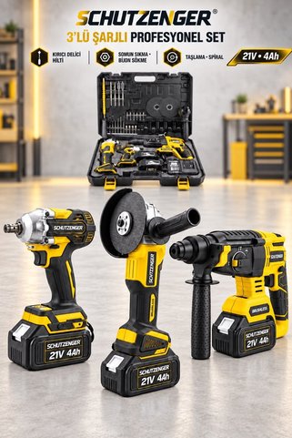 SCHUTZENGER 3’Lü SET ŞARJLI ÇİFT AKÜLÜ SOMUN SIKMA TORKLU VİDALAMA-SPRAL TAŞLAMA- KIRICI DELİCİ HİLTİ SARI