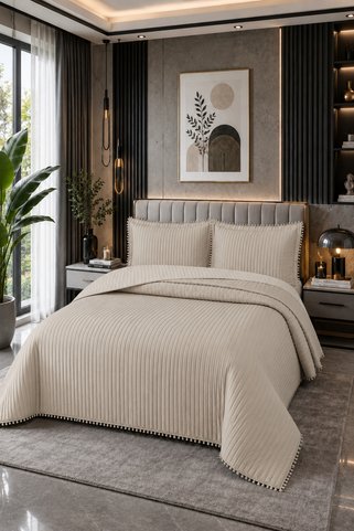 Bella Home Sofia Ponponlu Çift Kişilik Yatak Örtüsü Seti - 260x240 cm - Bej
