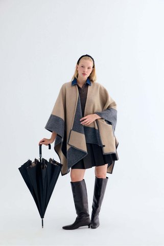 Silk and Cashmere Antrasit Laura Saf Yün Çift Renkli Panço