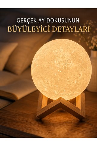 Eco Lounge 3D Ay Gece Lambası Ahşap Standlı Dekoratif LED Masa Lambası