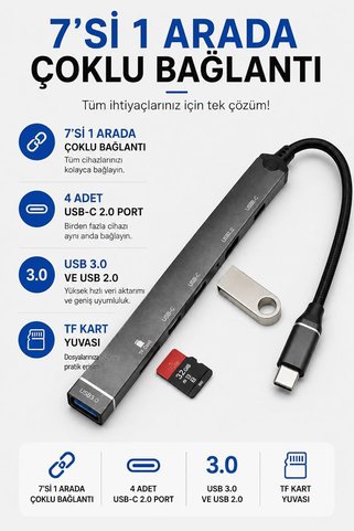 Coverzone 7 in 1 USB-A ve Type-C USB Hub Çoklayıcı Docking Station, 4 USB-C 2.0, USB 3.0, USB 2.0, TF Kart Okuyucu, Laptop Tablet Telefon PC Uyumlu | ADS-812-CU