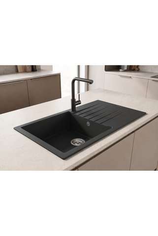 GÜNEY ANKASTRE RealStone P014 LOADIKYA 86 XL 86×50 cm Antrasit Granit Evye + Tekli Sifon ve Montaj Takımı Seti