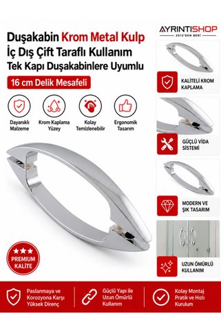 AYRINTISHOP Duşakabin Cam Kapı Kulpu 16 cm Delik Aralıklı Krom Ay Model Metal Zamak Kapı Kolu