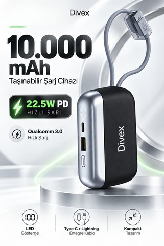 Divex 10000 mAh 22.5W Hızlı Şarj Powerbank – Entegre Type-C ve Lightning Kablolu, LED Göstergeli