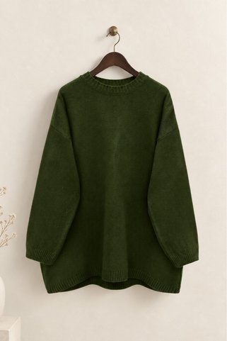 FERHEL Kadın Oversize Yuvarlak Yaka Triko Kazak - Haki