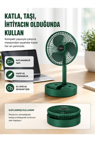 AyPenye Şarjlı Mini Fan Katlanabilir 3 Hız Ayarlı Taşınabilir Tasarımlı
