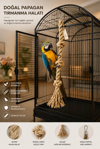 Vixpet Büyük Irk Papağan Tırmanma Halatı 90 cm Çap 30 mm %100 Doğal Kafes Oyuncağı | Stres İpi | Jüt Halat | Macaw | Kakadu | Jako | Amazon | Eklektus