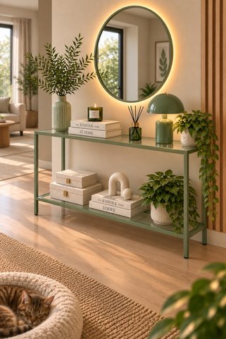 Trendmiz Adaçayı Yeşili Metal Dresuar – 2 Raflı şeffaf temperli Camlı Dekoratif Konsol & Antre Sehpası 85x100x33