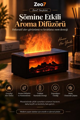 Zeo7 3D Şömine Alev Efektli 500 ML Aroma Difüzörü ve Hava Nemlendirici | 40 CM Genişlik | Masaüstü Dekoratif Tasarım