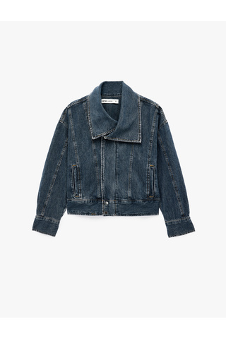Koton Dikiş Detaylı Cepli Düğmeli Kruvaze Yaka Denim Ceket