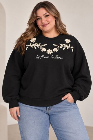 HAI COLLECTİON Kadın Büyük Beden Siyah Paris Çiçek Nakışlı 3 İplik Oversize Bisiklet Yaka Sweatshirt